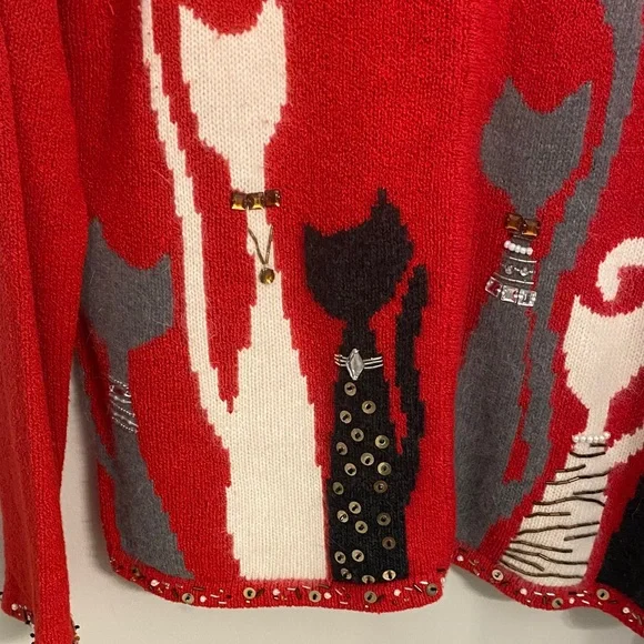Coldwater Creek Vibrant Red Cat Design Cardigan - Picture 3 of 6